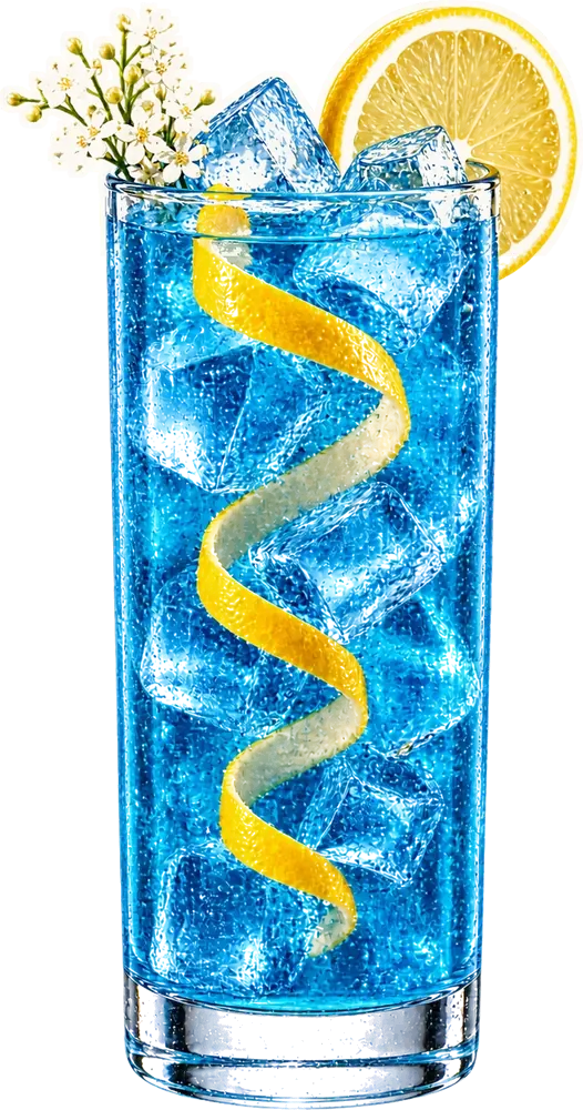 Azure Bloom: london dry gin, blue curaçao, elderflower liqueur, fresh lemon juice, simple syrup, chilled soda