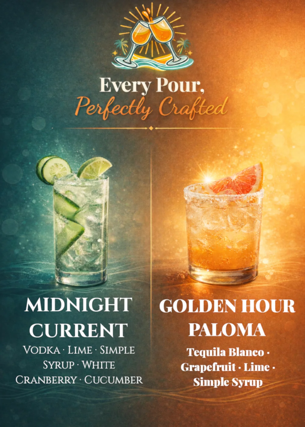 Coastal Toast event menu poster showing the Midnight Current and Golden Hour Paloma with their ingredients