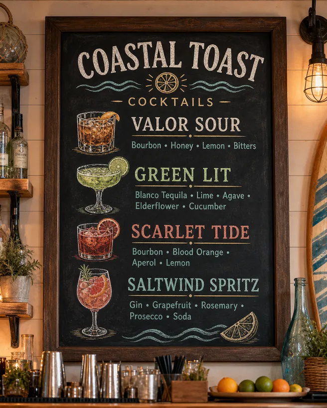A framed chalkboard cocktail menu standing on a bar, hand-lettered with drink names and ingredients