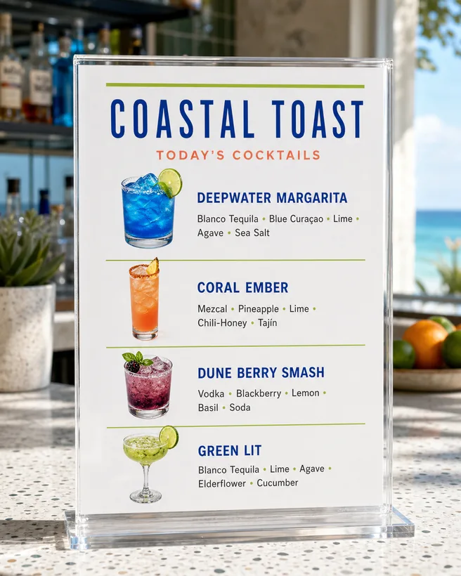 A clear acrylic tabletop stand holding a printed cocktail menu