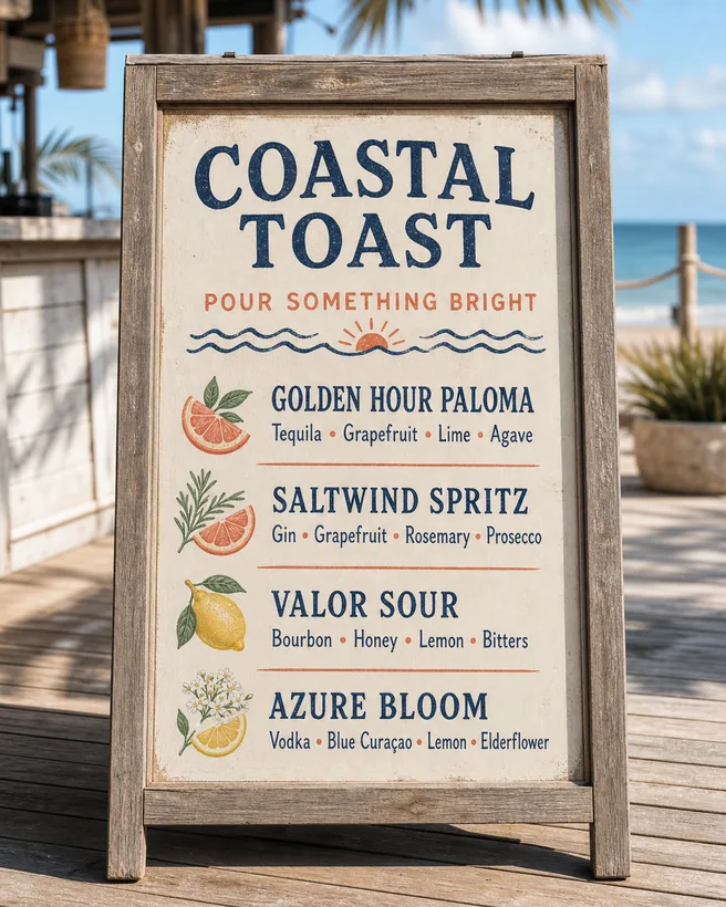 A weathered wooden A-frame sidewalk board lettered with a cocktail menu