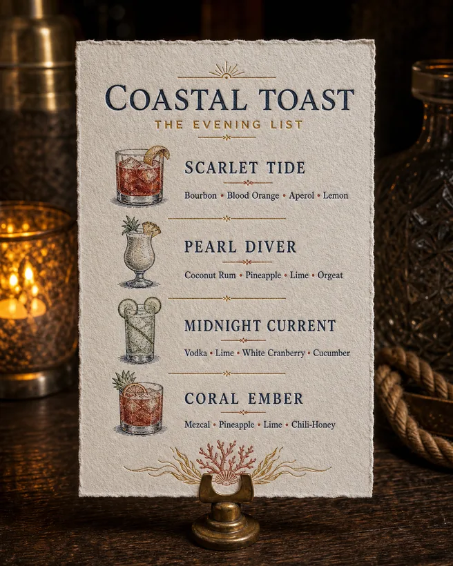 A letterpress cocktail menu card on cotton stock, propped on a brass stand