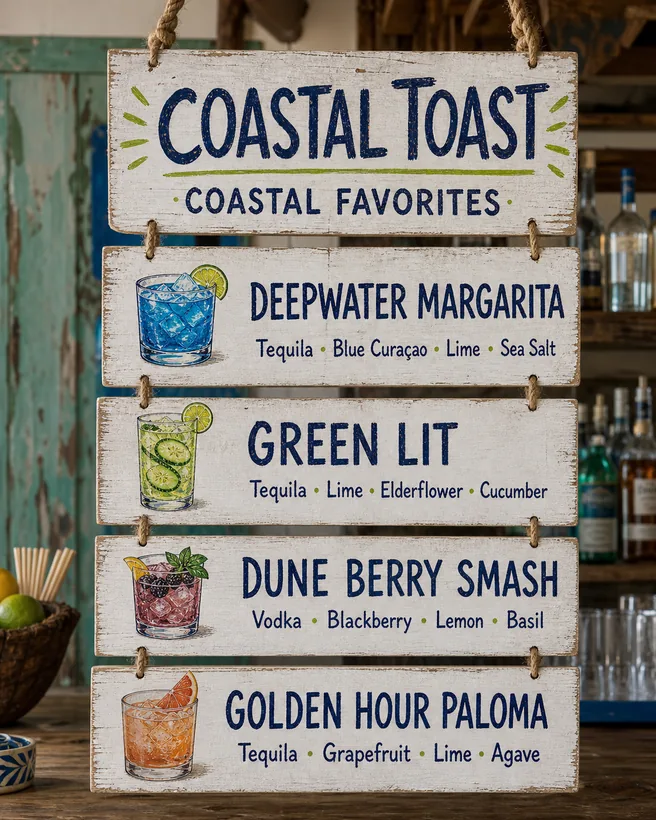 Painted wooden menu boards hung in a stack on a rope