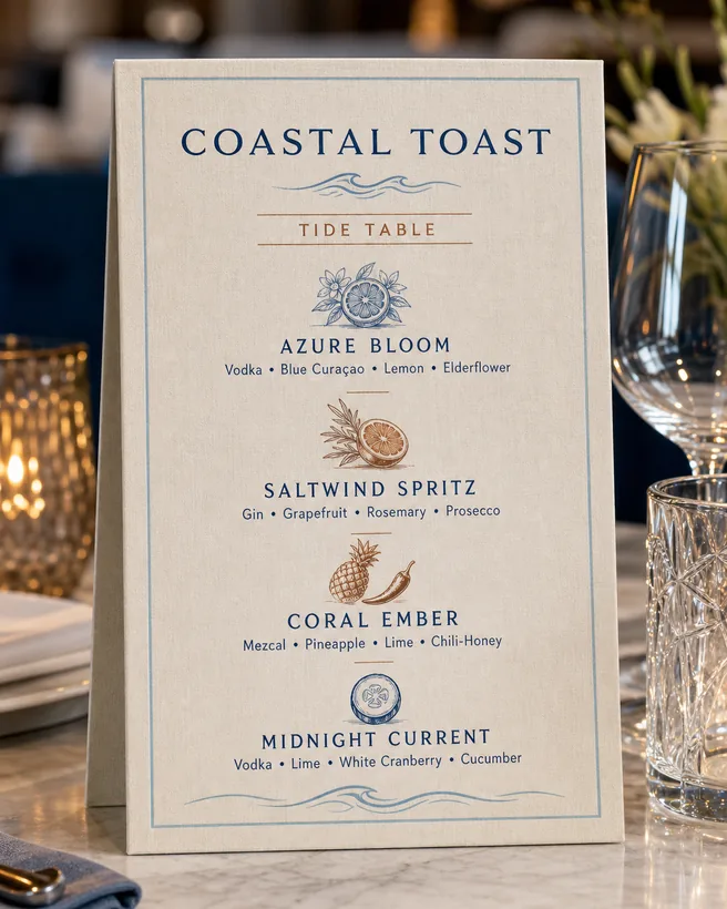 A folded linen tent card menu standing beside glassware on a bar
