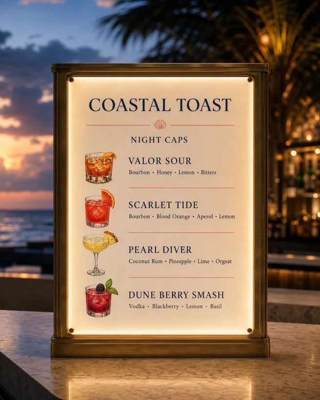 A backlit brass-framed cocktail menu glowing on a bar at dusk