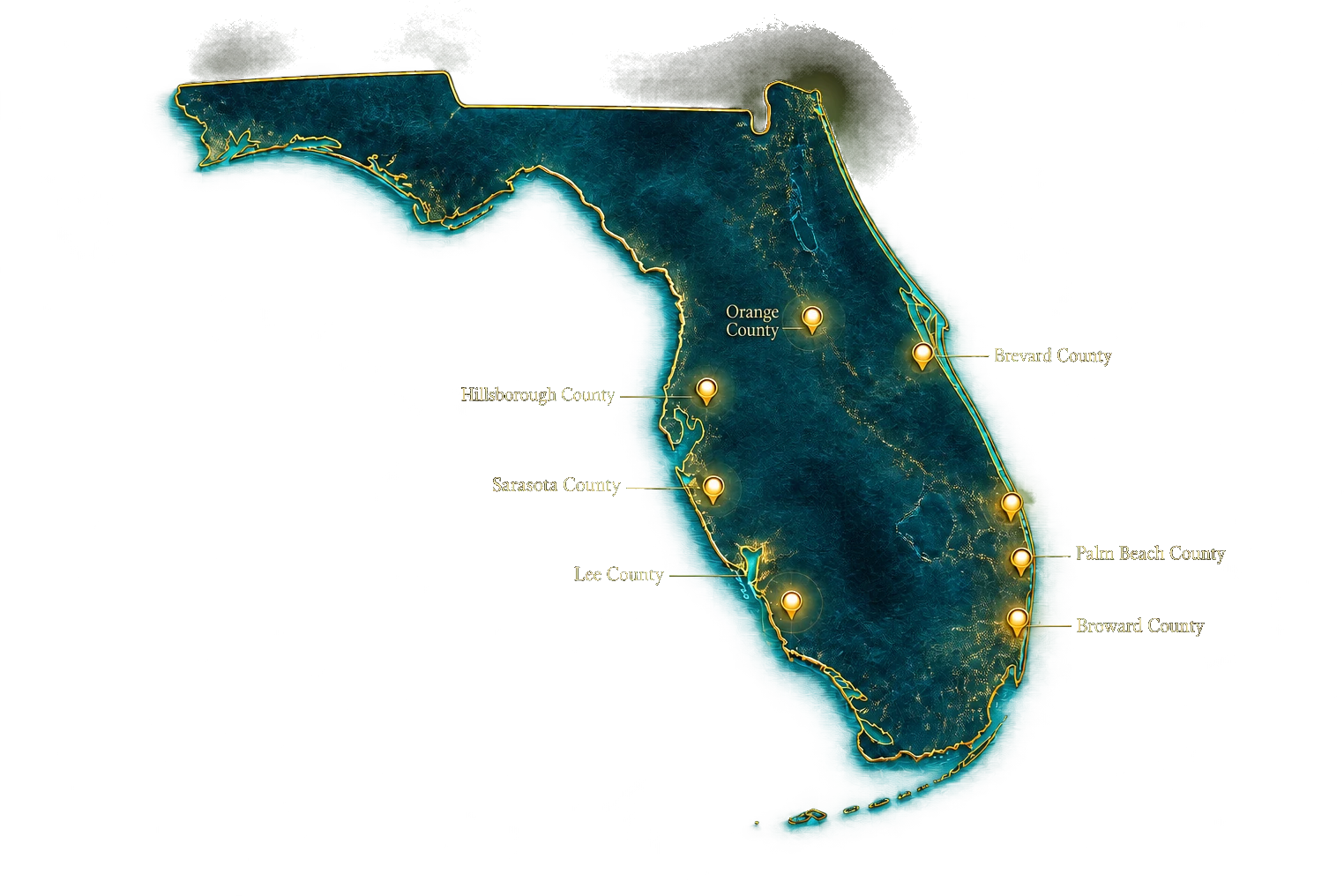 Map of Florida with pins on the counties Coastal Toast serves: Orange, Brevard, Hillsborough, Sarasota, Lee, Palm Beach and Broward